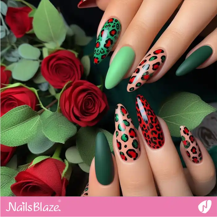 Red and Green Leopard Pattern Nail Design | Animal Print Nails - NB2613